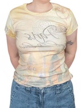 Vintage Y2K NWD Paris Rhinestone Graphic Tee // Grunge Eurotrash Print Top S